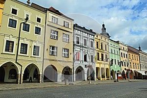 Colourful arcaded buildings in Ceske Budejovice Czech republic photo